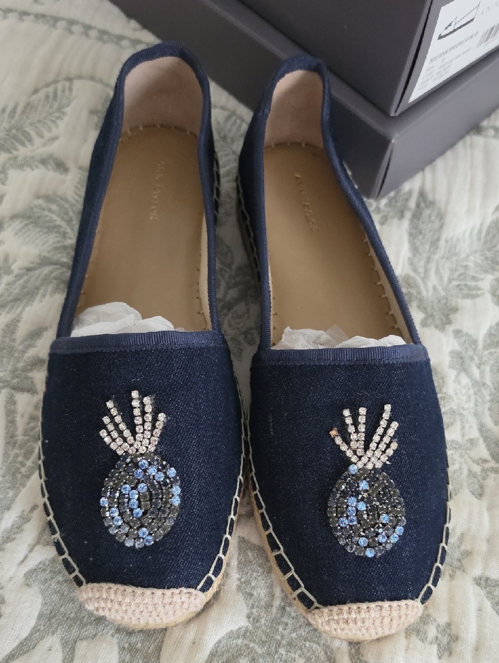Ann Taylor Navy Espadrille Flats with Sequin Pineapple Motif